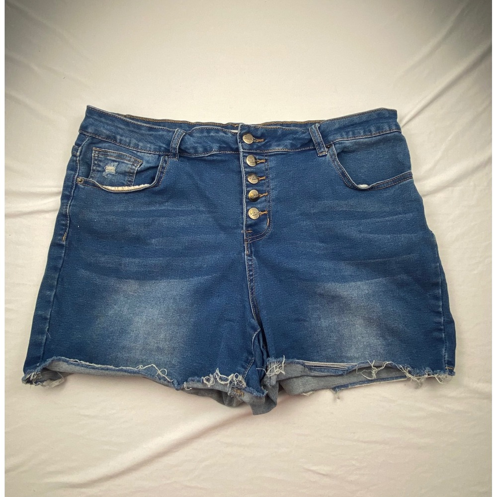 BLEU High Waisted Button Fly Denim Shorts‎ Blue Raw Hem Size 16
